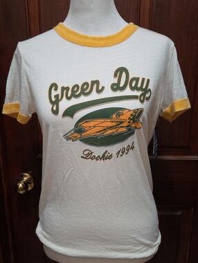 Green Day Dookie 1994 Short-Sleeve Ringer Tee - White/Yellow Distressed